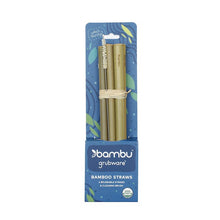 Load image into Gallery viewer, A collection of green bamboo straws and straw cleaner in blue cardboard packaging. Packaging reads &#39;bambu grubware bamboo straws, 6 reusable straws &amp; cleaning brush&#39;. Logo in bottom right reads &#39;USDA organic&#39;.

