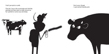 Load image into Gallery viewer, Inside spread shows black and white drawings of cows, a rat and a hooded figure spray painting with words of the story.
