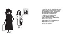 Load image into Gallery viewer, Inside spread shows words on one page and a picture of a hooded figure watching an adult and child looking at a smiling Mona Lisa. 
