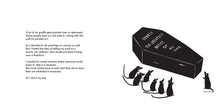Load image into Gallery viewer, Inside spread shows black and white image of a coffin with rats gathered around and the words of the story on the other page. 
