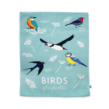 Load image into Gallery viewer, Blue Birds of a Feather tea towel features leaves and 5 birds: Kingfisher, Robin, Puffin, Swallow and Blue Tit. Edit alt text
