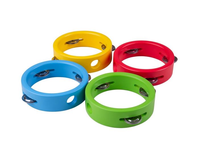 Image of 4 tambourines in bright colours: 1 of each yellow, red, blue and green. Each tamborine has a finger hole and 3 sets of cymbals