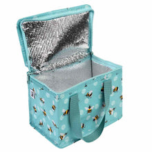 Load image into Gallery viewer, Blue lunch bag with black and yellow bees. Bag is rectangular and zips up at the top. It has two fabric handles. Bag is open to show silver insulation inside. 

