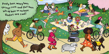 Load image into Gallery viewer, Inside spread shows many people in a park, some relaxing on blankets and others excercising, or on the move. The words read &quot;poofy hair, wavy hair, springy curls and flat hair, lots of hair or no hair. bodies are cool!&quot; People of all skin tones, genders, and ages, including a blind Black woman and a white woman in an electric wheelchair.
