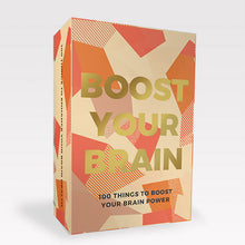Load image into Gallery viewer, Pack is pink, orange and off white. Text reads &quot;boost your brain, 100 things to boost your brain power&quot; in gold lettering. 
