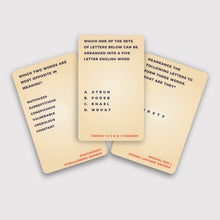 Load image into Gallery viewer, 3 sample cards facing question side up. Cards are offwhite. Answers are underneath the question, upside down and in red ink. 
