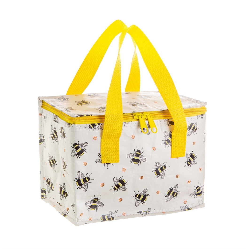 Off-white rectangular lunch bag has drawings of black and yellow bees. Handles and zipper are yellow.