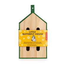 Load image into Gallery viewer, Butterfly house with yellow card wrapped around. Card has black and white illustration of a butterfly, and below product name reads &#39;Attract butterflies to spend the night. Protect from wind, rain and predators.&#39;
