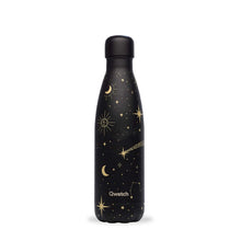 Load image into Gallery viewer, Black water bottle with gold stars, and moons. Towards the bottom &#39;Qwetch&#39; brand is in bold.
