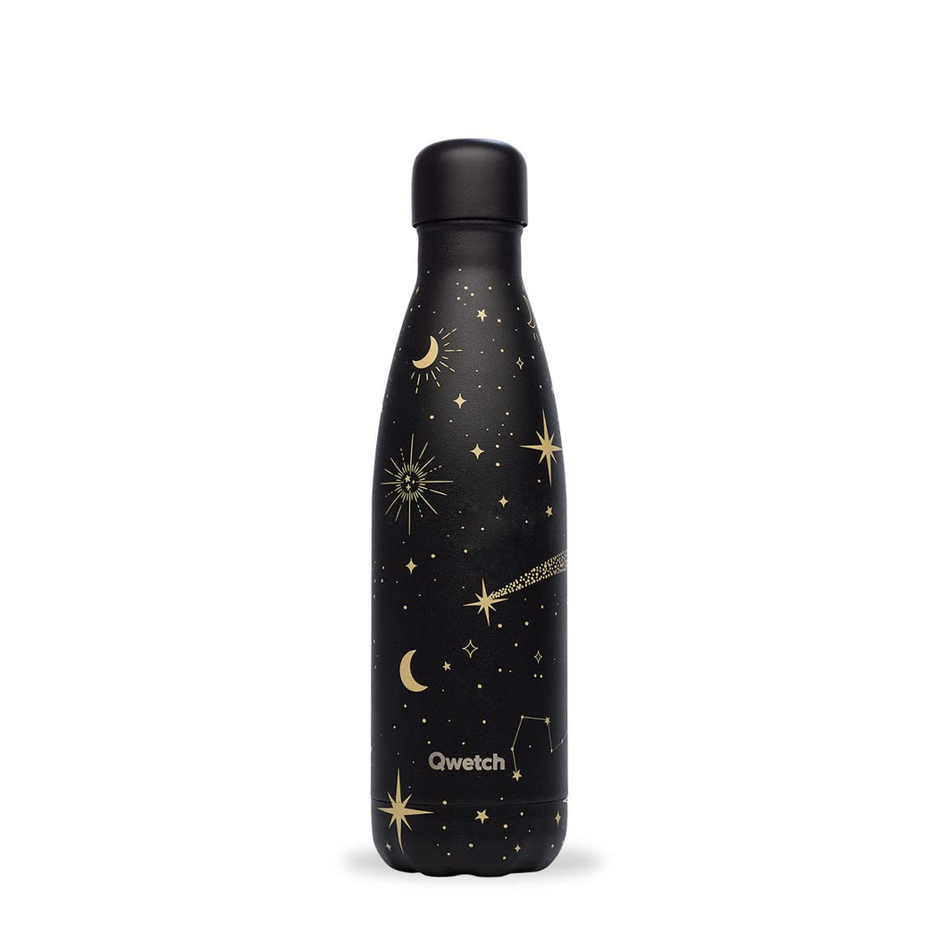 Black water bottle with gold stars, and moons. Towards the bottom 'Qwetch' brand is in bold.