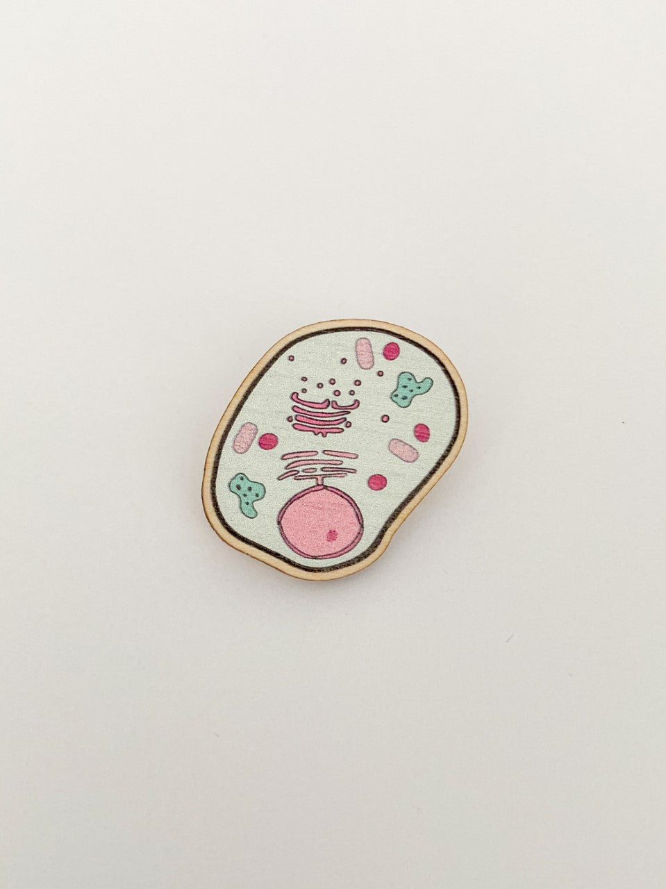 Cell pin badge is oval shaped with wonky edges. Drawing of the inside of a cell with black line around it. 