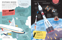 Load image into Gallery viewer, Inside spread has title &quot;flying high&quot; and shows illustrations of an airplane on one page and a rocket on the other. Over both pages, various facts are spread out.
