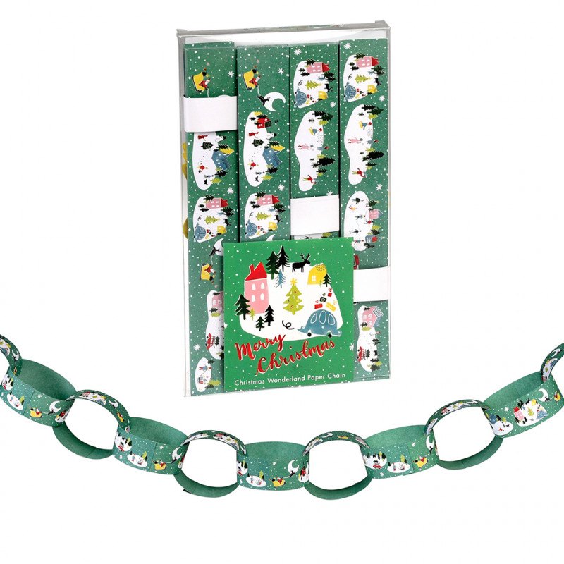 Green paper chain is linked. Images are of a snowy landscape with santa in his sleigh, a house, people throwing snow balls. The packaging is plastic, with the paper chains flat and in strips. Packaging reads 'Merry Christmas, Christmas wonderland paper chain'. 