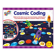 Load image into Gallery viewer, Cosmic Coding box shows a picture of the game board and rockets. The box reads &#39;2-4 players&#39; and &#39;watch out for aliens as you race around space, collecting stars! A fun board game designed to introduce children to coding&#39;
