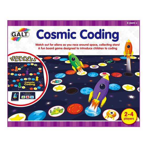 Cosmic Coding box shows a picture of the game board and rockets. The box reads '2-4 players' and 'watch out for aliens as you race around space, collecting stars! A fun board game designed to introduce children to coding'