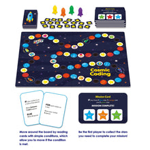Load image into Gallery viewer, contents of board game show a board with a trail of planets. There are 2 stacks of playing cards, 4 differently coloured rockets, and several star tokens. Near the bottom example cards demonstrate game play. 
