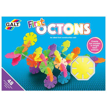 Load image into Gallery viewer, Packaging is blue box with photo of a build model &amp; a window to see a real octon inside. Box reads &#39;First Octons, an ideal first construction set! Create fun models in bright neon colours. 48 pieces.&#39; 
