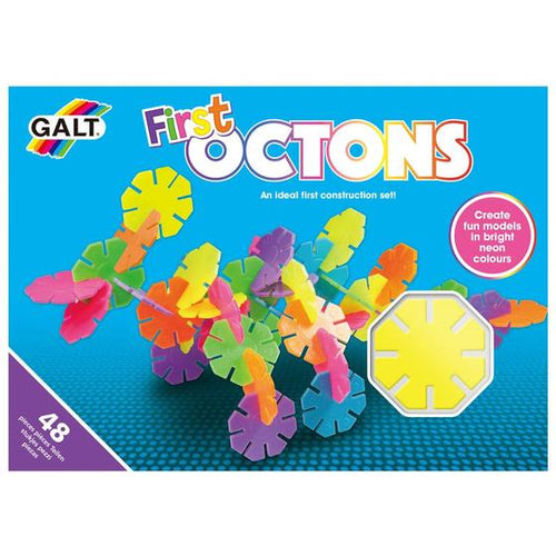 Packaging is blue box with photo of a build model & a window to see a real octon inside. Box reads 'First Octons, an ideal first construction set! Create fun models in bright neon colours. 48 pieces.' 