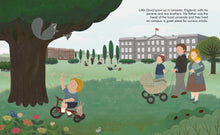 Load image into Gallery viewer, inside spread shows David as a boy riding a bike while looking at squirrels in a tree. Behind him walks his family (father, mother, 2 brothers).
