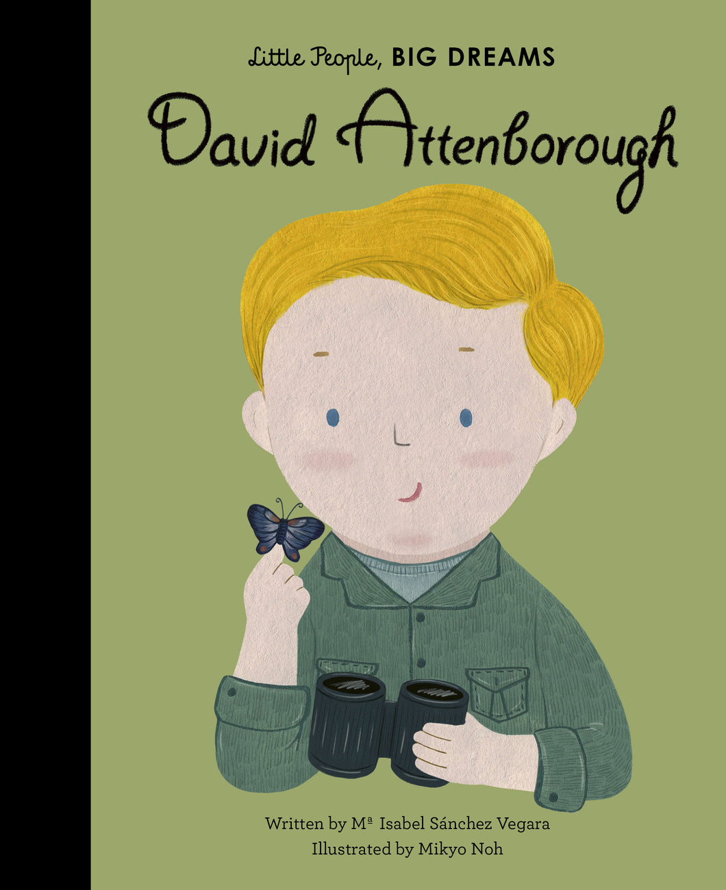 Book cover is green with illustration of David Attenborough (a white man) with a butterfly on his finger and binoculars in his left hand.