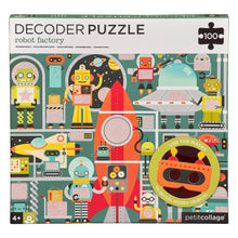 Load image into Gallery viewer, Front of box reads &#39;Decoder Puzzle robot factory.&#39; There is a puzzle symbol with a number 100 in the top right hand corner. The image on the box is of the puzzle inside and in the bottom right is an image of the enclosed masks with the phrase &#39;use the masks to reveal hidden objects!&#39;.
