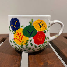 Load image into Gallery viewer, Painted mug with round splotches (yellow, blue, red and green).
