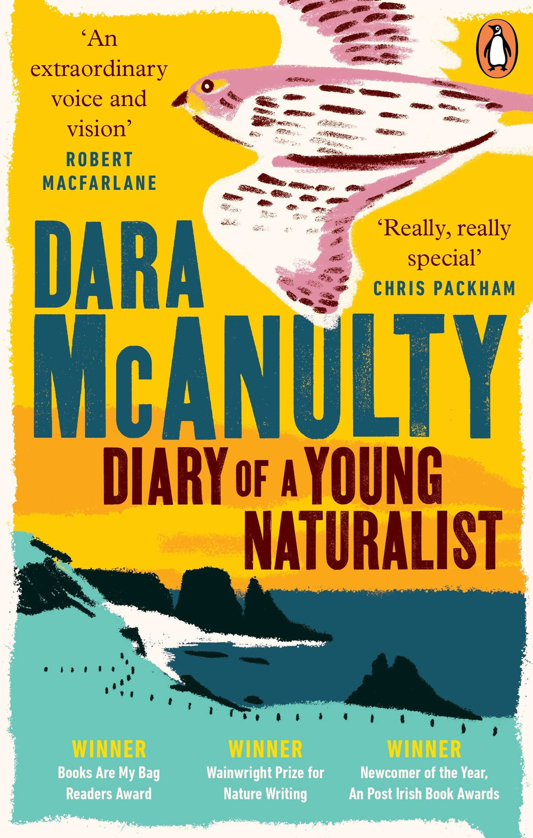 Book cover shows a yellow sky, blue water and coast. Quotes on the cover read 'an extraordinary voice and vision' (Robert MacFarlane), 'really, really special' (Chris Packham). An illustrated bird flies across the top.