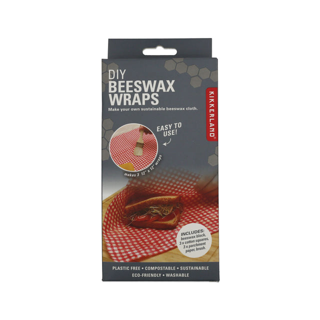 Packaging of DIY Beeswax Wraps is grey box with 2 photos of the wraps (one with white hand wrapping a sandwich and the other being brushed with beeswax).