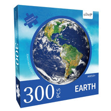 Load image into Gallery viewer, Earth puzzle box is blue and shows picture of planet Earth on the box. Box reads &quot;300 pcs Earth, puzzle challenge from the solar system. Ages 6+. Diameter size: 65 cm / 25.6 inch.&quot; Brand name is Edu-sci.
