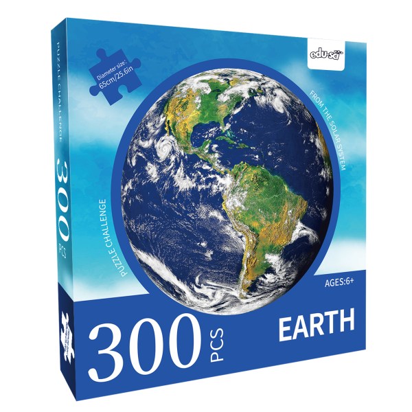 Earth puzzle box is blue and shows picture of planet Earth on the box. Box reads 