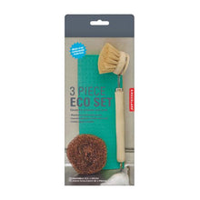 Load image into Gallery viewer, Box shows picture of products. Dishcloth is teal colour, brush is wooden with metal attachment. Copper wire is round.
