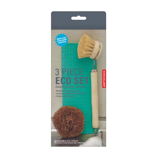 Box shows picture of products. Dishcloth is teal colour, brush is wooden with metal attachment. Copper wire is round.