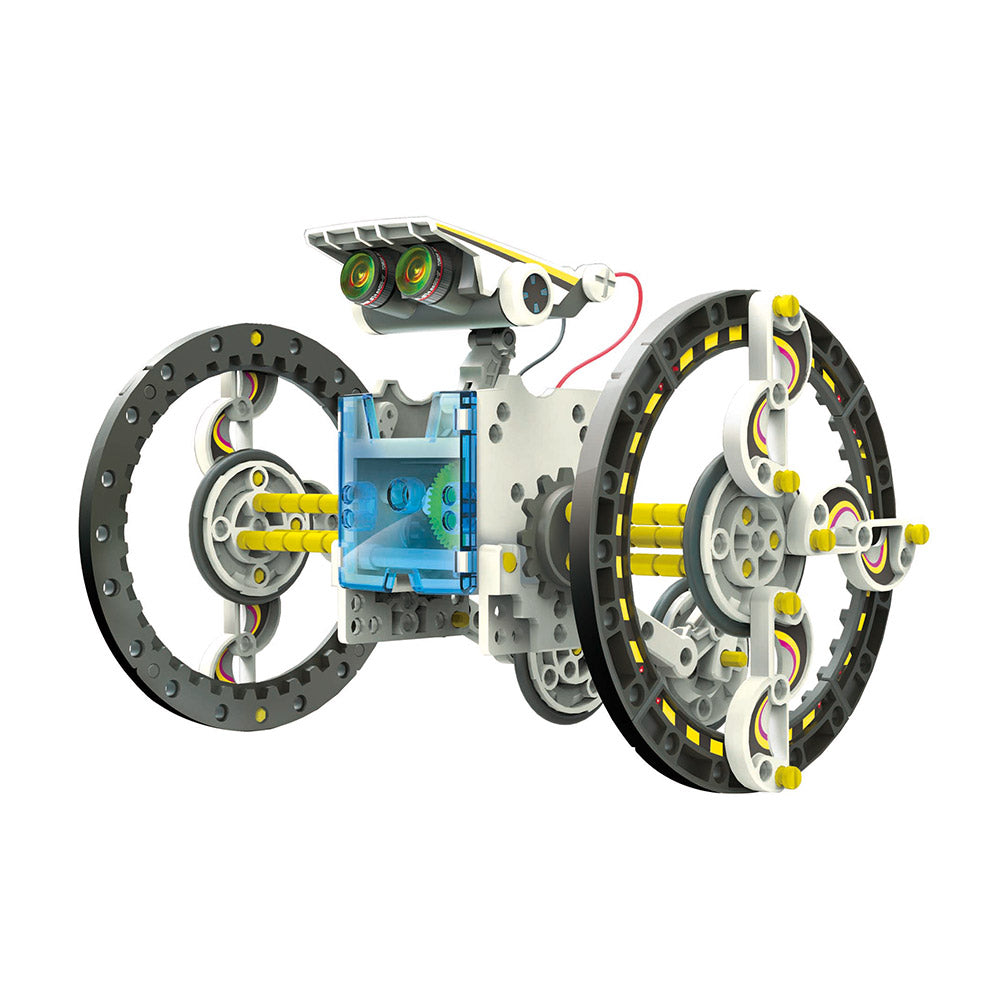 Built robot has two wheels and two eyes. 