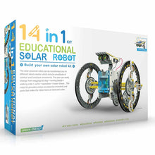 Load image into Gallery viewer, 14 in 1 kit, Educational Solar Robot Box reads &#39;Build Your Own Solar Robot Kit&#39;.
