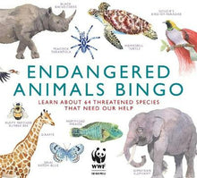 Load image into Gallery viewer, Bingo box shows illustrations of elephants, fish, giraffe, insects, turtles, rhinoceros, birds and a tarantula. The tagline reads &quot;learn about 64 threatened species that need our help&quot;.
