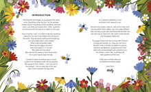Load image into Gallery viewer, Inside spread of the book shows the introduction. The border is grass and flowers, and bees fly across the page. The introduction spans two pages and ends &#39;love from Molly&#39;.
