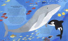 Load image into Gallery viewer, Inside spread shows two whales and fish swimming in the ocean. The question reads &#39;Can blue whales talk to killer whales?&#39; and the answer is over 3 paragraphs.
