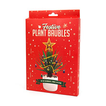 Load image into Gallery viewer, Red packaging reads &#39;festive plant baubles, set of 10 baubles, tinsel and a star&#39;. A image of a succulent with tinsel, baubles and a star is on the cover. 
