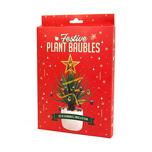 Red packaging reads 'festive plant baubles, set of 10 baubles, tinsel and a star'. A image of a succulent with tinsel, baubles and a star is on the cover. 