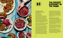 Load image into Gallery viewer, Inside spread shows picture of 6 plates with different types of food, and three light-skinned hands reaching for food. The opposite page reads &#39;the biggest elephant in the room&#39; and the number 25. The tagline reads &quot;let&#39;s really talk about the elephant in the room. Overpopulation.&quot; There are two section headings: &quot;the green revolution&quot; and &quot;an infinite system in a finite world&quot;.
