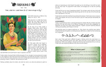 Load image into Gallery viewer, Pages 48-49 focus on Frida Kahlo (a Latina woman in a wheelchair). The quote reads &quot;Feet, what do I need them for if I have wings to fly.&quot; An illustration of Frida is on page 48 in which she holds a paintbrush and palette. Following the quote is a biography, achievements and a description of chronic pain.
