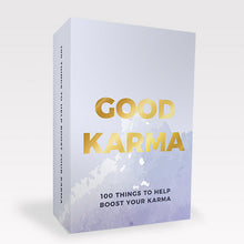Load image into Gallery viewer, Purple card packaging reads &#39;Good karma, 100 things to help boost your karma&#39;. &#39;Good Karma&#39; is in gold, bold font.  
