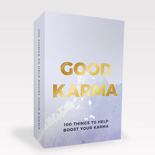 Purple card packaging reads 'Good karma, 100 things to help boost your karma'. 'Good Karma' is in gold, bold font.  