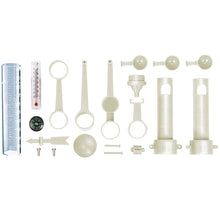 Load image into Gallery viewer, Contents of the box are shown. Building components, thermometer, compass, test tube, and screws.
