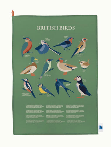 Green British Birds Tea Towel features 12 illustrated birds and facts on a green background.