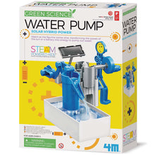 Load image into Gallery viewer, Front of Green Science Water Pump box, Box is white with yellow band and photo of the built pump.
