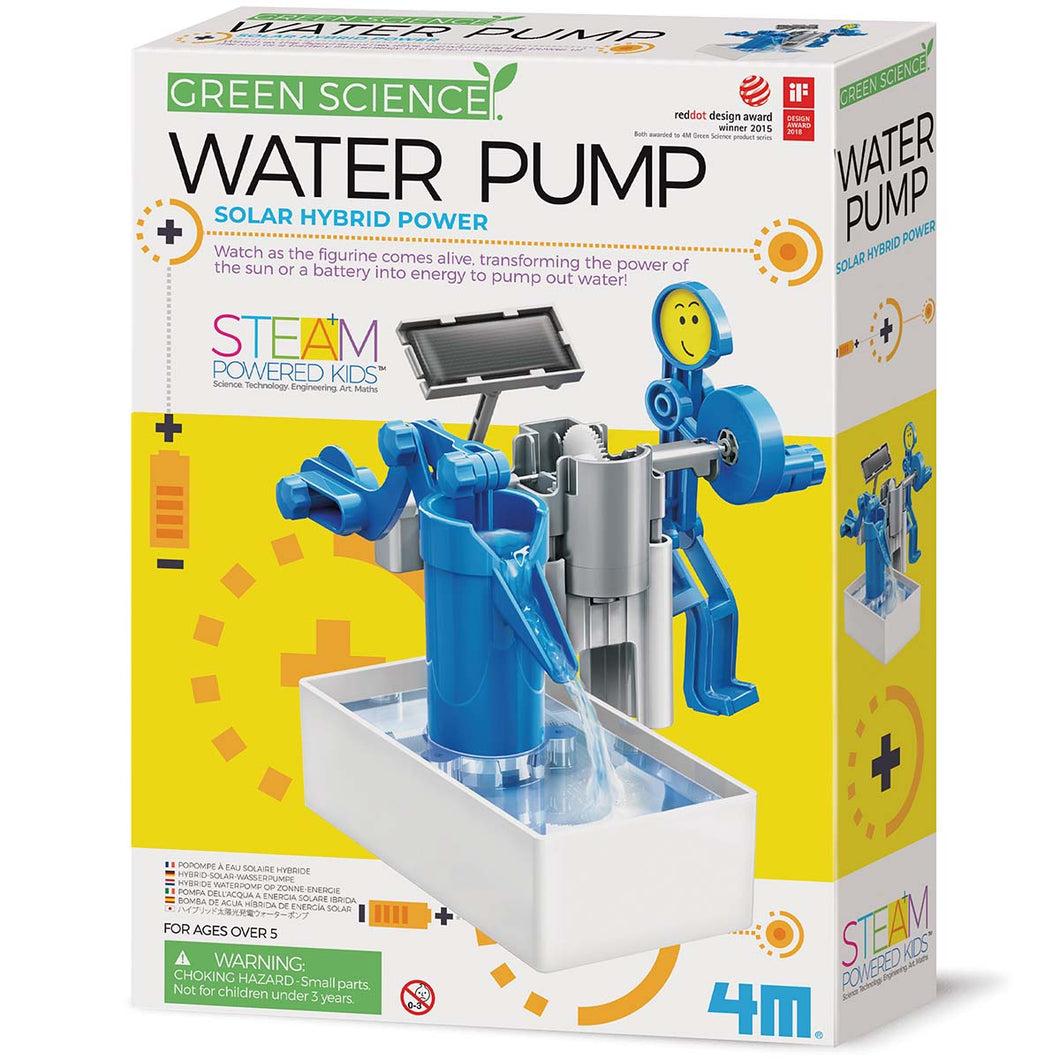 Front of Green Science Water Pump box, Box is white with yellow band and photo of the built pump.