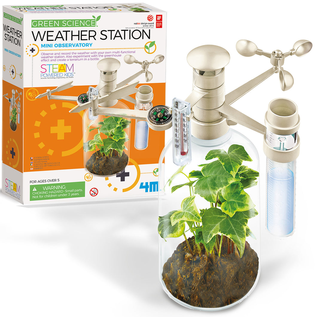 Front of the box with the completed weather station in the foreground.