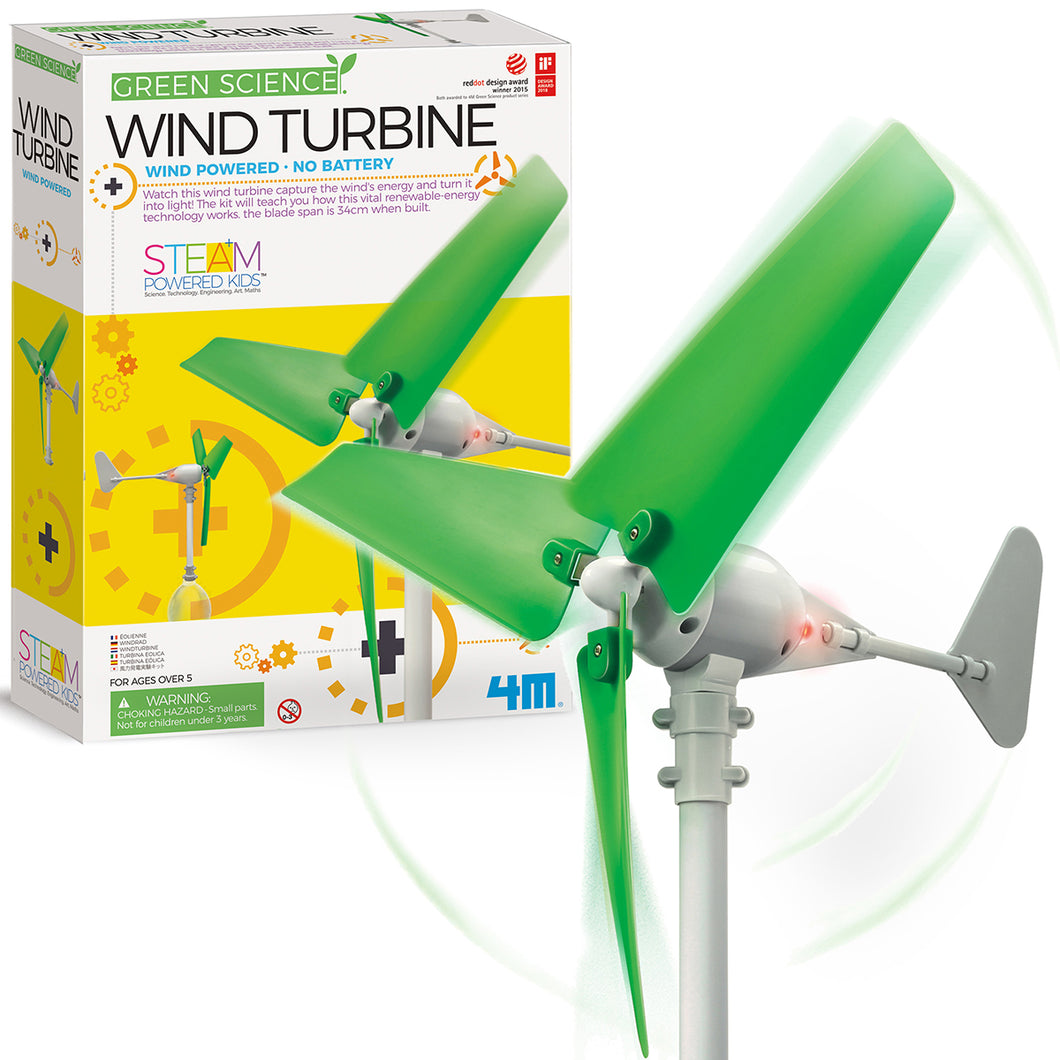 Box in the left background, with wind turbine in right foreground. Blades blurred to indicate rotation.