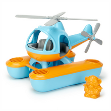 Load image into Gallery viewer, Seacopter with blue exterior, orange base &amp; tops of pontoons. Underside of pontoons is blue. Cockpit and both propellers (top and back) are grey. Pilot bear is orange.
